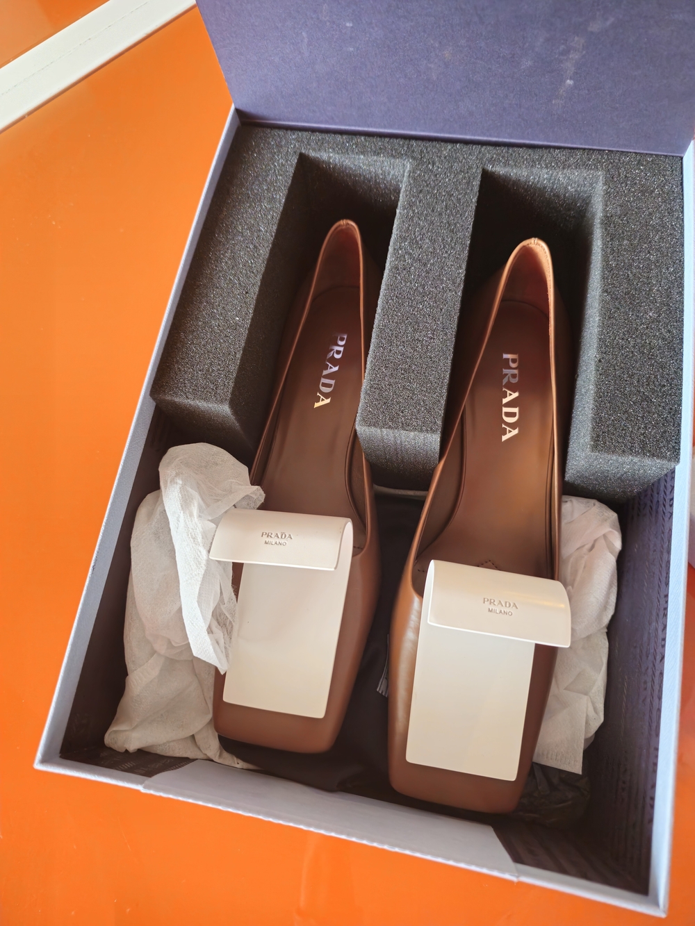 Prada Women’s Tan Leather Square-Toe Flats with Ivory Accents - Picture 3 of 4